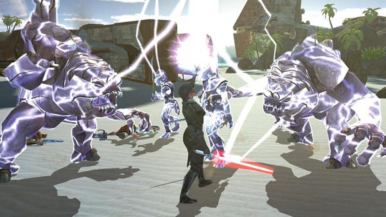 Knights of The Old Republic screenshot showing sith killing rancors with lightning