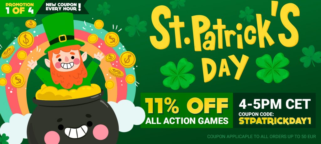 St.Patrick's Day gamivo logo which shows leprechaun in pot of gold and little happy rainbow 