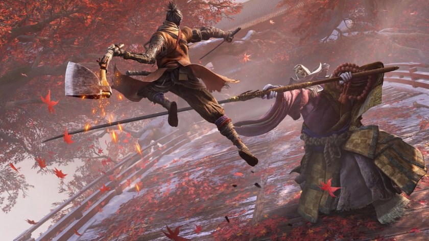 Sekiro fighting with a boss using a heavy axe