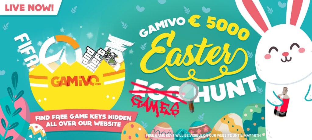 Gamivo Easter Games Hunt showing broken egg filled with games, 5000€ value and little white bunny 