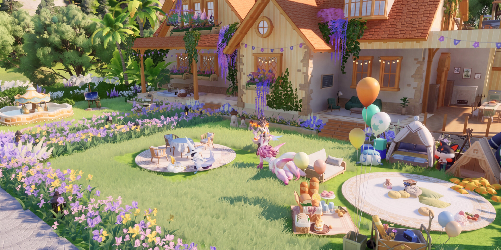 Cute house and Aniimo on the grass, overall birthday like atmosphere