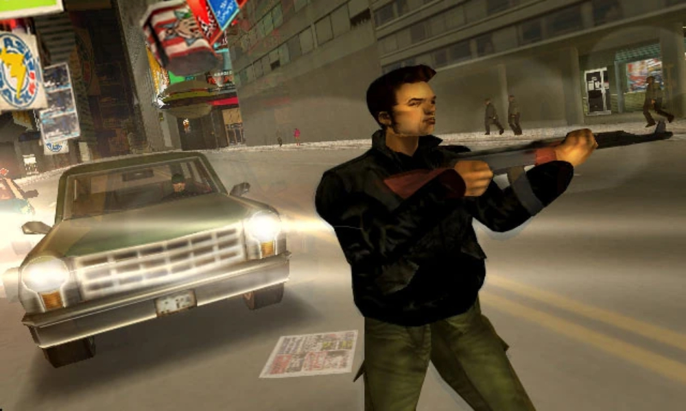Claude holding a rifle next to a car with its headlights on in a snowy Liberty City in Grand Theft Auto III