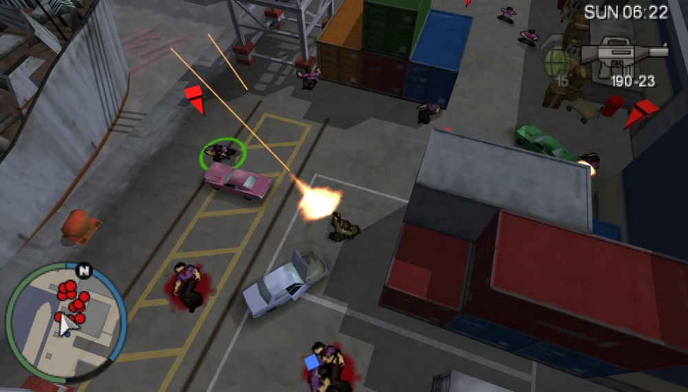 Top-down shootout near shipping containers with a minimap and weapon icon in GTA: Chinatown Wars