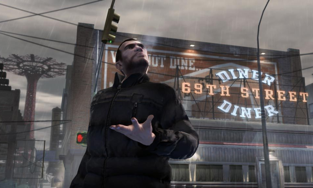 Niko Bellic standing in the rain in front of the 69th Street Diner sign in Grand Theft Auto IV