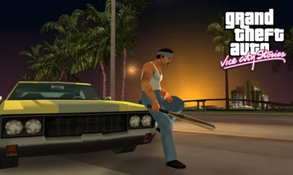Man in a headband holding a melee weapon next to a yellow car at night in GTA: Vice City Stories